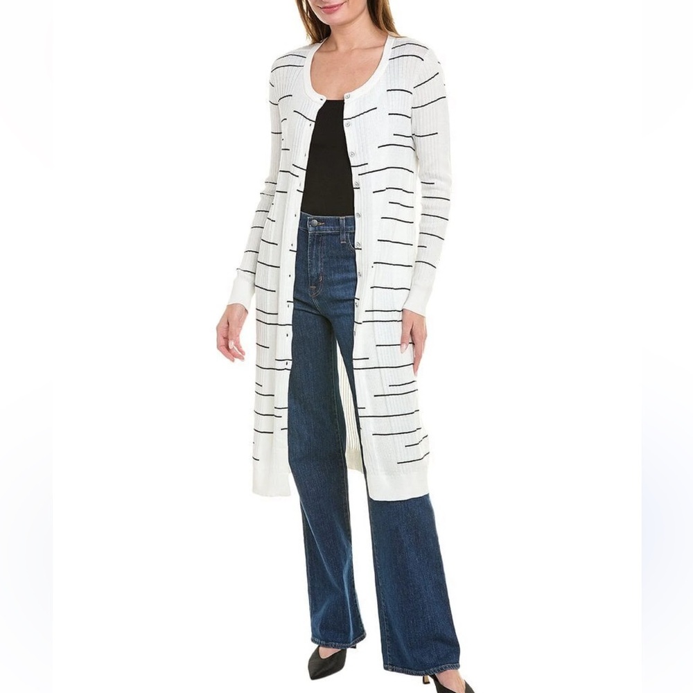 Cabi White and Black Striped Cardigan